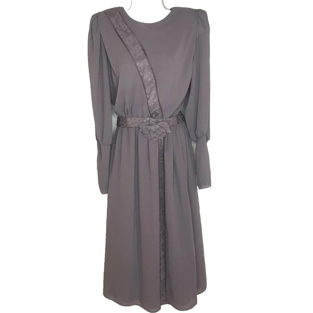 Vintage 80s Ursula of Switzerland Dress Size 8 Dusty Purple Chiffon Poet Sleeve